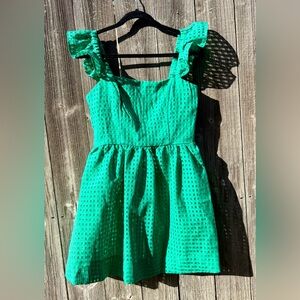 Green Grid Ruffle-Strap Mini Dress